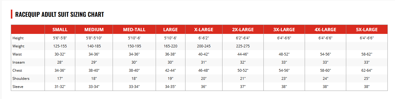 RaceQuip Adult Suit Size Chart