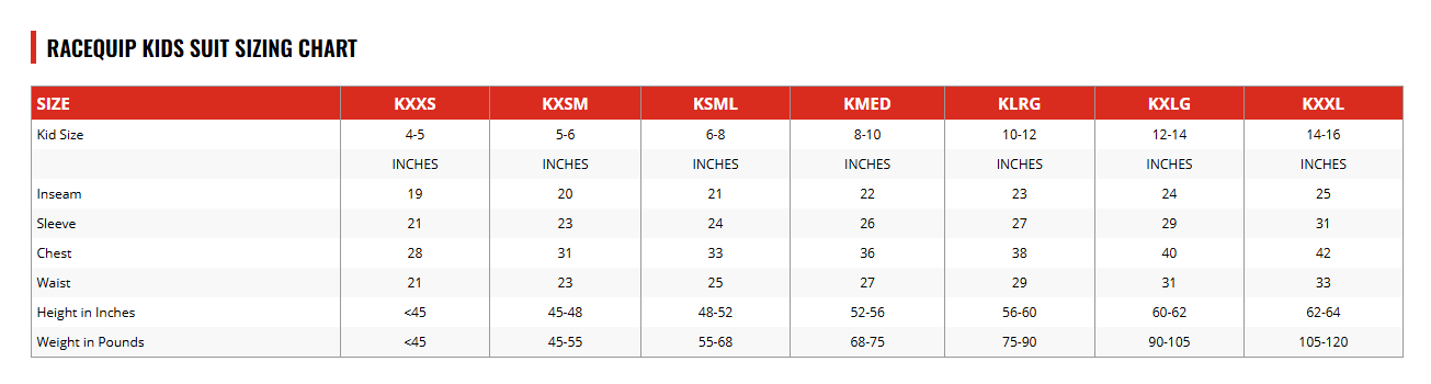 RaceQuip Kids Suit Size Chart