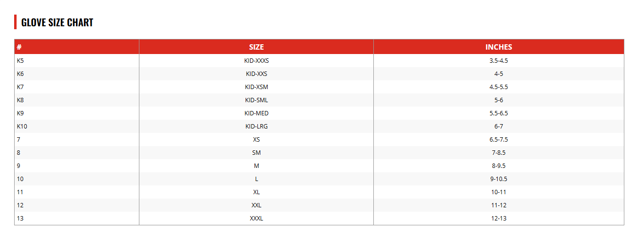 RaceQuip Glove Size Chart